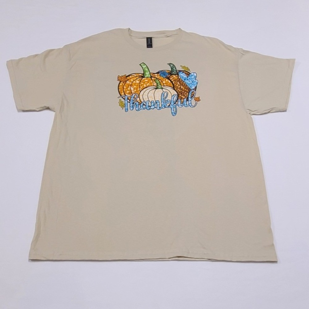 Gildan Thankful Pumpkin Graphic T-Shirt Tan XL Fall Thanksgiving Cotton Tee